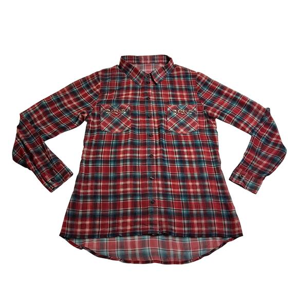NO BRAND Plaid Semi Sheer Button Up Shirt Size Medium Embellished Cowgirl Rodeo - Picture 1 of 8